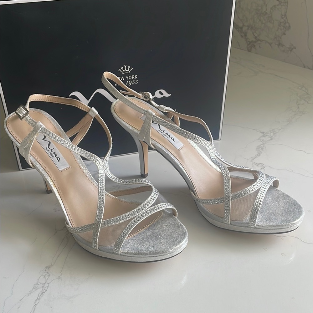 Nina Silver Strappy Heels for Special Occasions, NEW